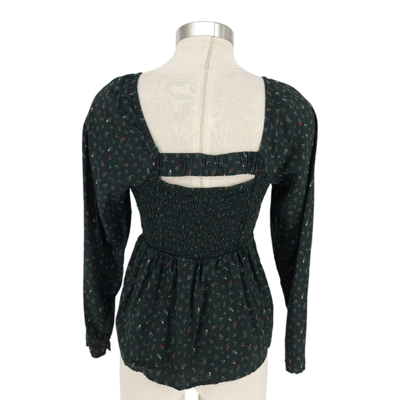 Old Navy Babydoll Peplum Shirt Green Floral Long Sleeve Smocked Top Medium - Picture 5 of 8